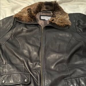 Andrew Marc Brown Leather Jacket with Fur Collar